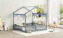 Double Twin House-Style Floor Bed with Fence, Guardrails, without door, Grey(Old Sku:W504P143316)