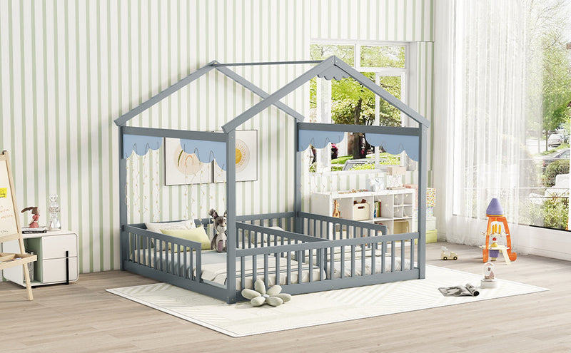 Double Twin House-Style Floor Bed with Fence, Guardrails, without door, Grey(Old Sku:W504P143316)