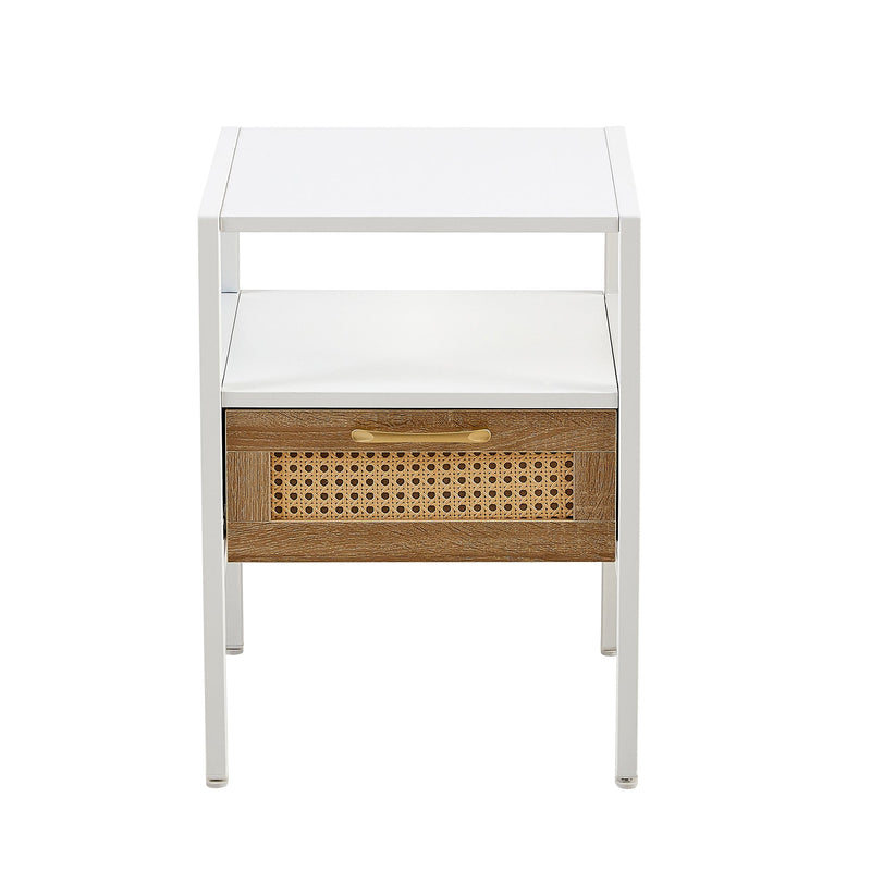 15.75" Rattan End table with drawer, Modern nightstand, metal legs,side table for living room, bedroom,white(1 pc)