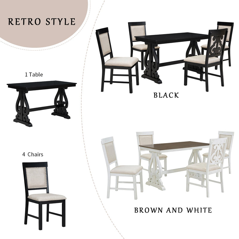 5-Piece Retro Dining Set, Rectangular Wooden Dining Table and 4 Upholstered Chairs for Dining Room and Kitchen (Black)