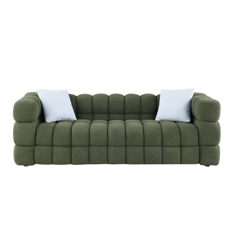 84.3 length, 35.83" deepth, human body structure for USA people, marshmallow sofa,boucle sofa, 3 seater, OLIVE GREEN BOUCLE