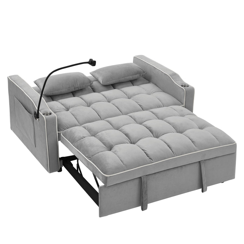 55.51 inch versatile foldable sofa bed in 3 lengths, modern sofa sofa sofa velvet pull-out bed, adjustable back and with USB port and ashtray and swivel phone stand (Grey)