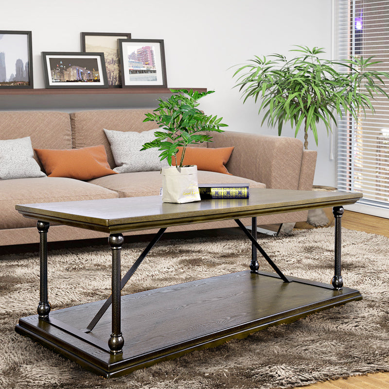 47.2" X 23.6"D X 16.9" H Country Style Coffee Table with Bottom Shelf - BROWN & BLACK
