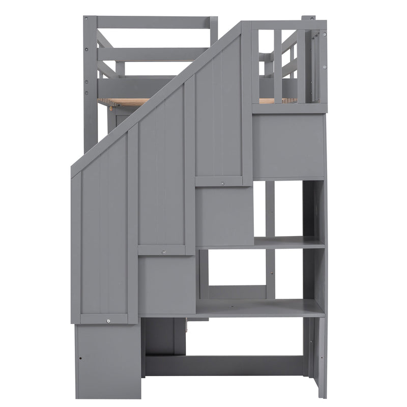 Walker Edison | Twin Size Loft Bed with Wardrobe and Staircase, Desk and Storage