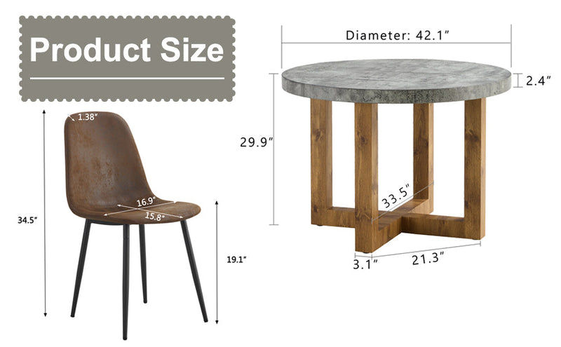 A modern and practical circular dining table. Made of MDF tabletop and wooden MDF table legs. A set of 4 brown cushioned chairs.