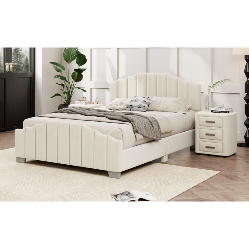 3 Pieces Bedroom Sets Queen Size Velvet Upholstered Platform Bed Vertical Channel Tufted Headboard and Two Three-drawer Nightstands,Beige