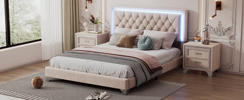 3-Pieces Bedroom Sets,Queen Size Upholstered Platform Bed with LED Lights and Two Nightstands-Beige