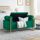 Elegant Upholstered Storage Bench With Cylindrical Arms And Iron Legs, by HouseOfZazla