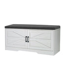 2 Tier Shoe Bench with Padded Seat, 2 Barn Doors and Adjustable Shelves, for Entryway and Living Room, White MDF
