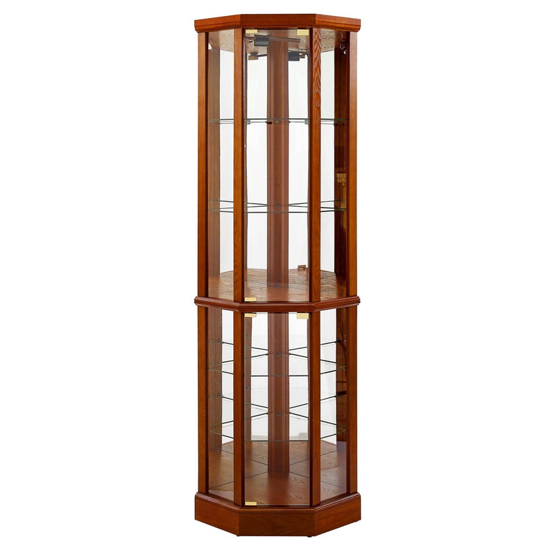 6 Shelf Lighted Corner Curio Cabinet with Adjustable Tempered Glass Shelves and Mirror Back, Oak