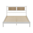 3-Pieces Bedroom Sets Queen Size Wooden Platform Bed with Natural Rattan Headboard, Nightstands Set of 2 with Rattan-Woven Surfaces and Three Drawers for Bedroom, White