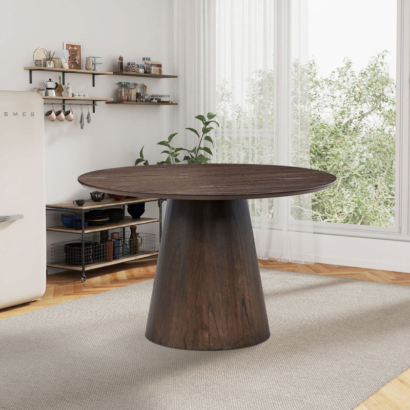 47.24'' Round Modern Style MDF Wood Dining Table for Kitchen, Living Room, Cafe, Stylish Leisure Desk with Sturdy Cylindrical Base, for Small Spaces, Apartment,Brown