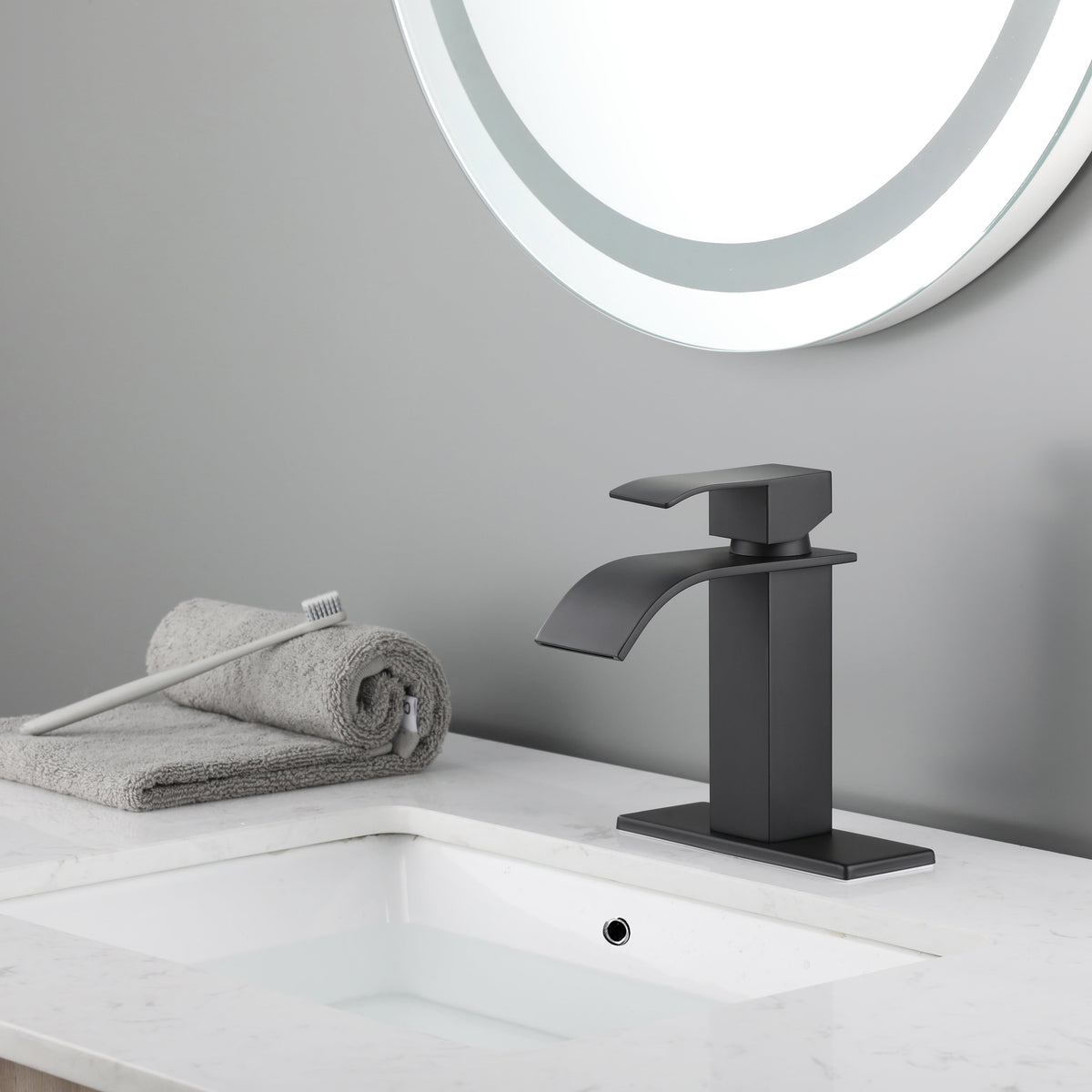 Waterfall Spout Bathroom Sink Single Handle Faucet with Pop-Up Drain, photo 10 of 10