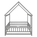 Floor Wooden Bed With House Roof Frame, Fence Guardrails by HouseOfZazla