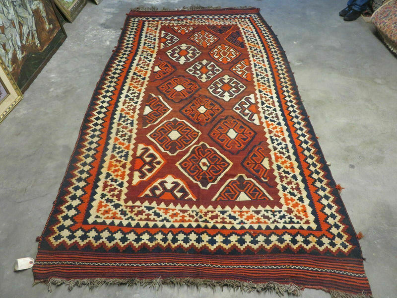 5' X 10' Antique Turkish Kilim Handmade Flat Weave Wool Rug Red Colorful Veg Dye Bohemian Boho Chic Tribal Style And Design