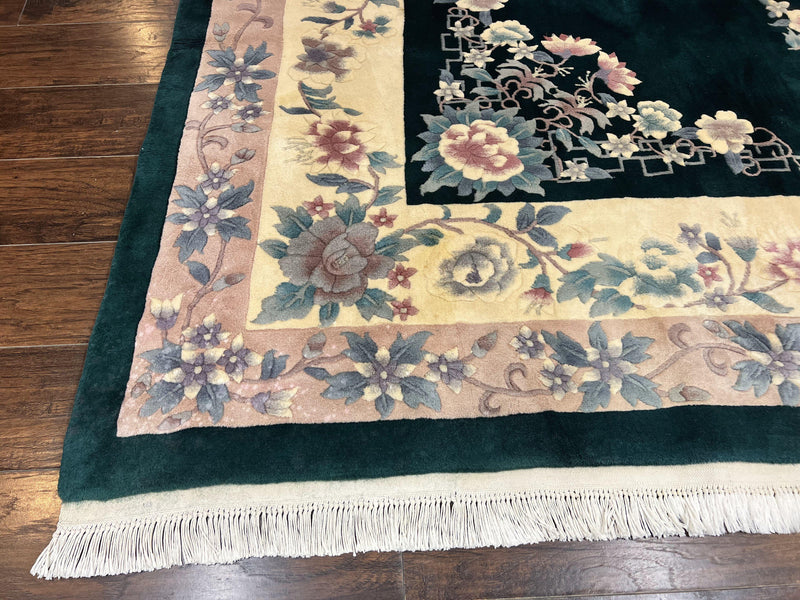 Chinese Art Deco Rug 9x12, Wool Hand Knotted Vintage Carpet, Dark Green & Cream, 90 Line Carving Rug