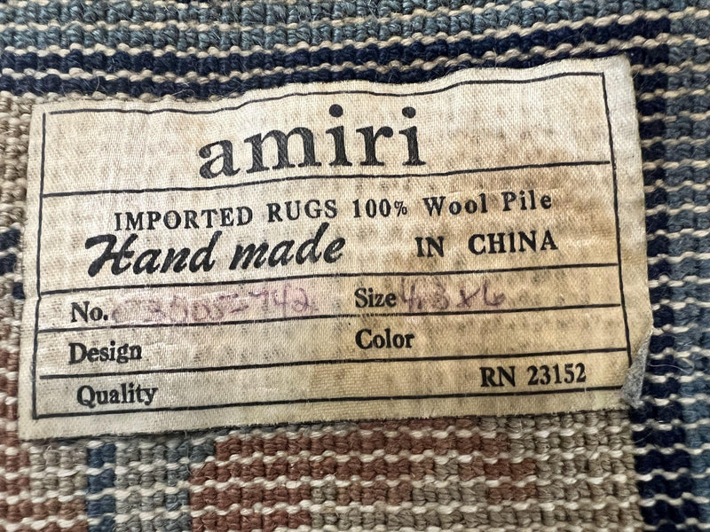 Chinese Peking Rug 4x6, Wool Hand Knotted Handmade Vintage Semi Antique Carpet, Semi Open Field, Light Peach & Navy Blue, Art Deco Rug