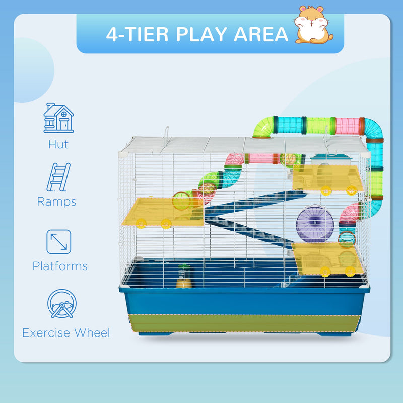 31" Extra Large Hamster Cage with Tubes and Tunnels, 4 Tier Small Animal Cage with Portable Carry Handles, Rat Gerbil Cage with Water Bottle, Food Dish, Exercise Wheel