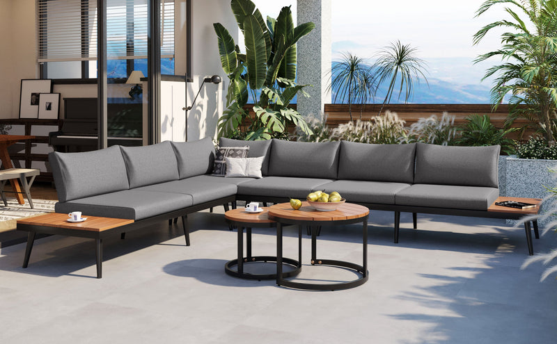 6-Piece Outdoor Sectional Sofa Set with Round Nesting Coffee Tables and Seating Sofa with Cushions for Patio, Porch and Garden (Grey)