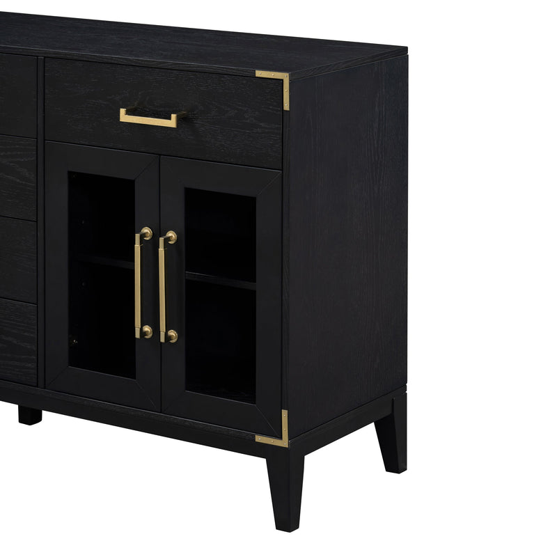 6-drawer and 2-Cabinet Retro Sideboard with Extra Large Storage Space, with Gold Handles and Solid Wood Legs, for Kitchen and Living Room (Black)