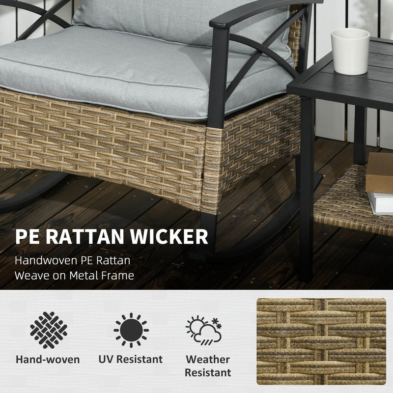 3 Piece Patio Rocking Chair Set, Outdoor Wicker Bistro Set with 2 Cushioned Porch Rockers and 2 Tier Coffee Table for Garden, Porch, Backyard, Light Gray