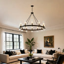 12-Light Matte Black Wagon Wheel Chandelier
