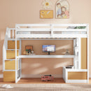 Full Size Loft Bed With Desk And Shelves, 2 Built In Drawers, Storage Staircase - Natural / White by HouseOfZazla