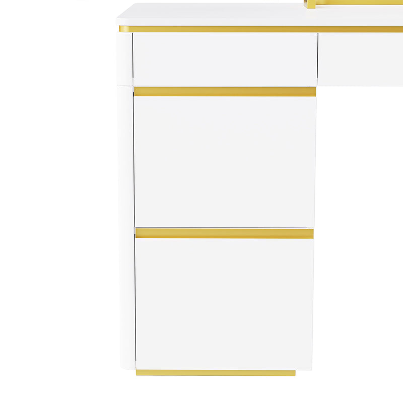 60"Modern Executive Desk,White Curved Computer Desk with Gold Metal Legs,3-Drawers Home Office Desk,Writing Desk with 1 Storage Cabinet for Home Office,Living Room,Gold+White