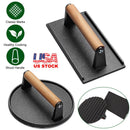 2Pcs Cast Iron Grill Press Pre-Seasoned Steak Weights Smash Burger Press Bacon Meat Smasher with Wood Handle 7in Round & 8.2x4.25in Rectangular Grill