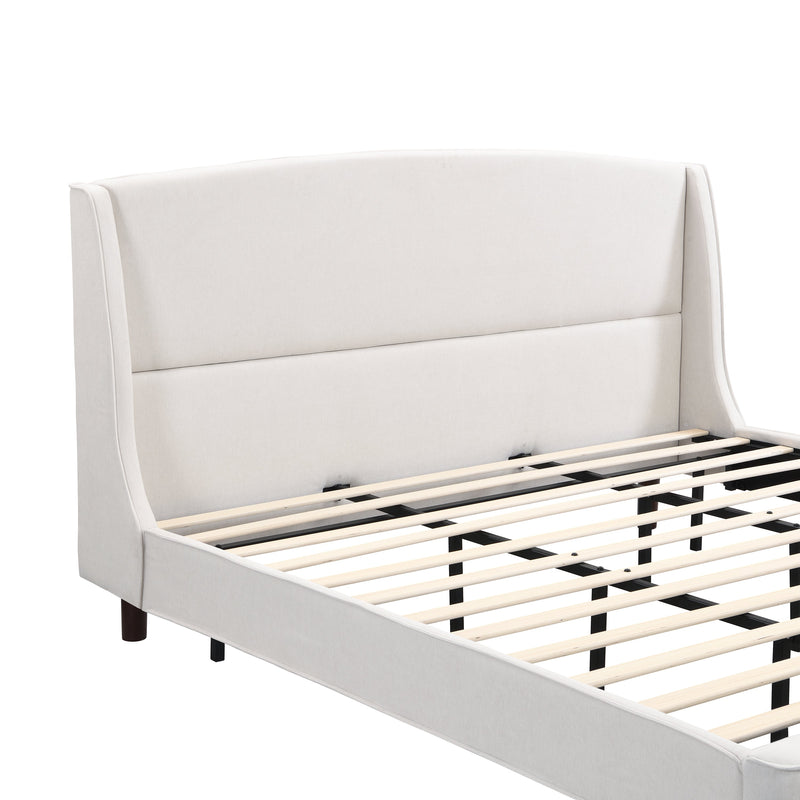 King Size Bed Frame Upholstered Platform Bed with Wingback Headboard,Beige