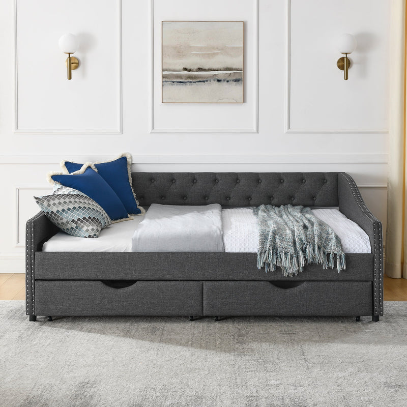 Full Size Daybed with Drawers Upholstered Tufted Sofa Bed, with Button on Back and Copper Nail on Waved Shape Arms(80.5"x55.5"x27.5")
