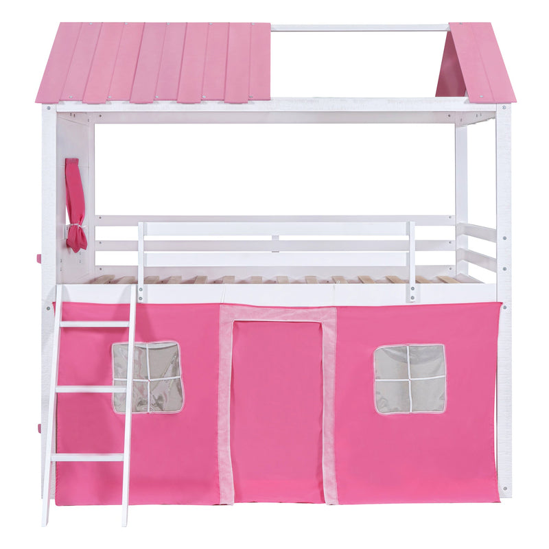 Full Size Bunk Wood House Bed with Elegant Windows, Sills and Tent, Pink+White