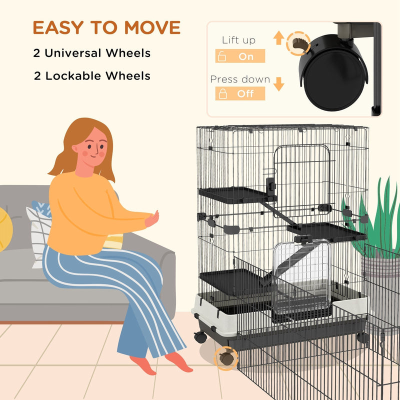 45" Small Animal Cage with Wheels, 4-Level Portable Bunny Cage, Chinchilla Ferret Cage with Removable Tray, Platforms and Ramps, Black