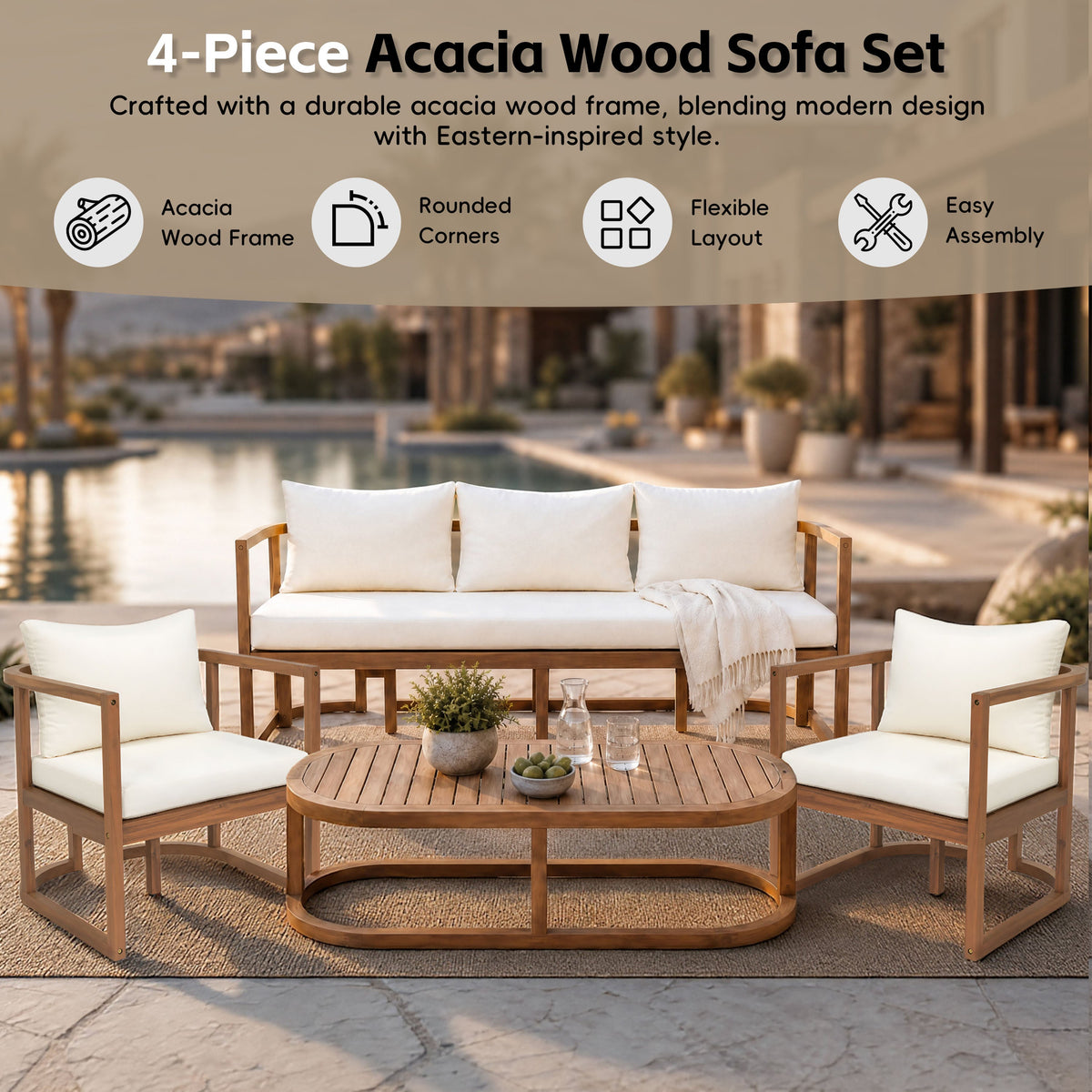 TOPMAX 4-Piece Modern Acacia Wood Sofa Set, photo 3 of 9