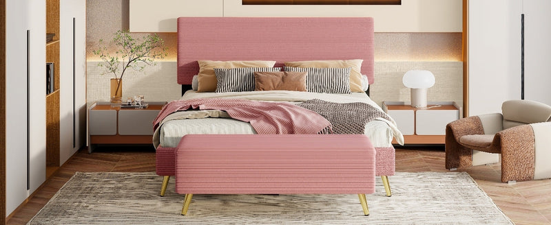 2 Pieces Bedroom Sets Queen Size Upholstered Bed Frame, Modern Corduroy Storage Ottoman,Pink