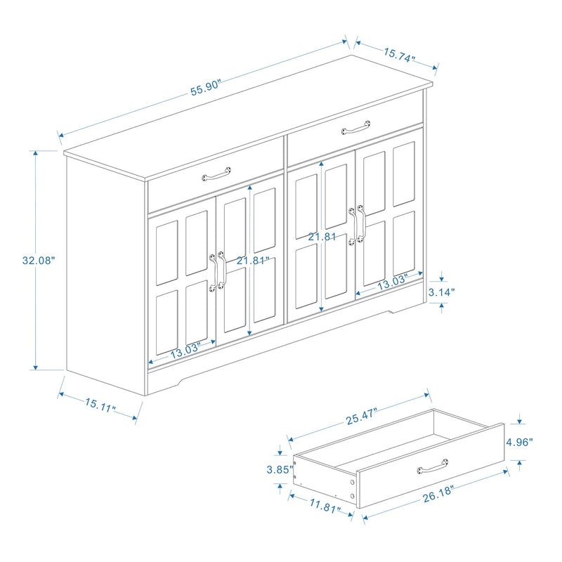 55.91" Large Farmhouse Buffet Cabinet Storage Sideboard with 2 Drawers and 4 Doors for Dining Living Room Kitchen Cupboard-White