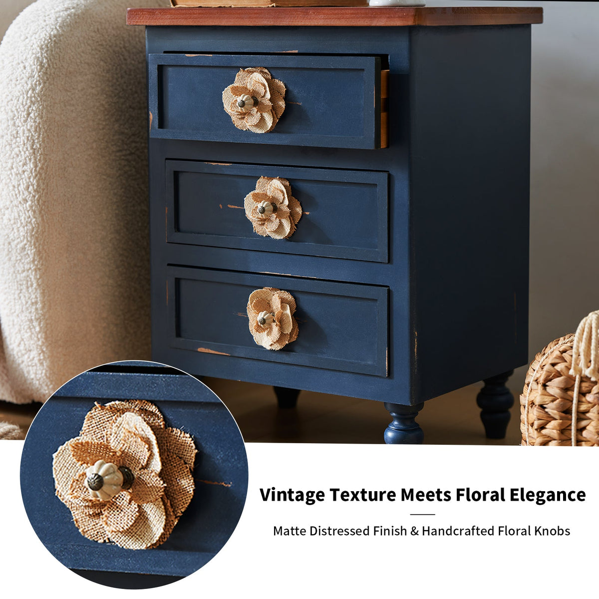 Vintage Farmhouse Nightstand with Floral Knobs, 3 Drawers, Antique Blue, photo 3 of 8