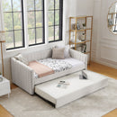 Twin Size Daybed with Trundle Upholstered Sofa Bed, with Vertical Stripes, Linen Fabric, Beige  (82.5'x43'x30')