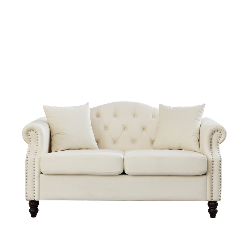 57" Chesterfield Sofa Grey Velvet for Living Room, 2 Seater Sofa Tufted Couch with Rolled Arms and Nailhead for Living Room, Bedroom, Office, Apartment, two pillows