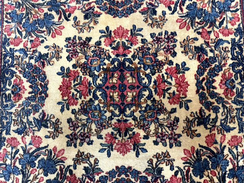 Square Persian Kerman Rug 4x4, Ivory Blue Pink, Handmade, Fine 225 KPSI