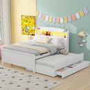 Full Size Platform Bed With Storage LED Headboard, Twin Trundle And 3 Drawers - White by HouseOfZazla