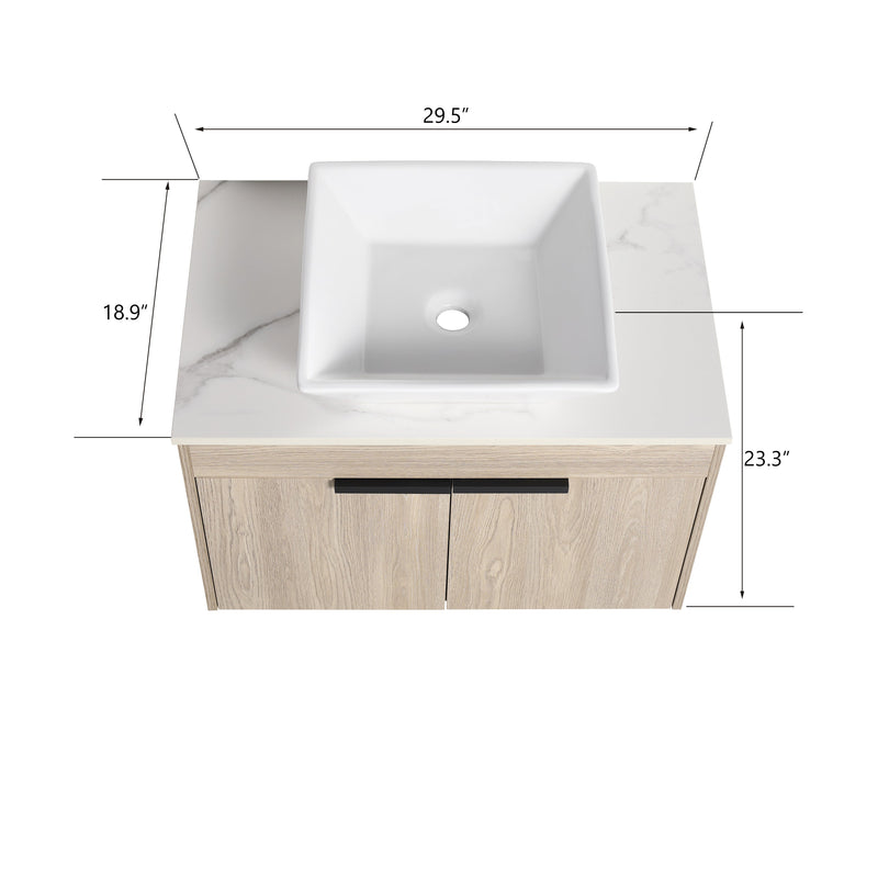 30" Modern Design Float Bathroom Vanity With Ceramic Basin Set, Wall Mounted White Oak Vanity With Soft Close Door, KD-PackingD-Packing Pieces