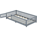 Twin Size Bed Floor Bed with Safety Guardrails and Door for Kids, Gray