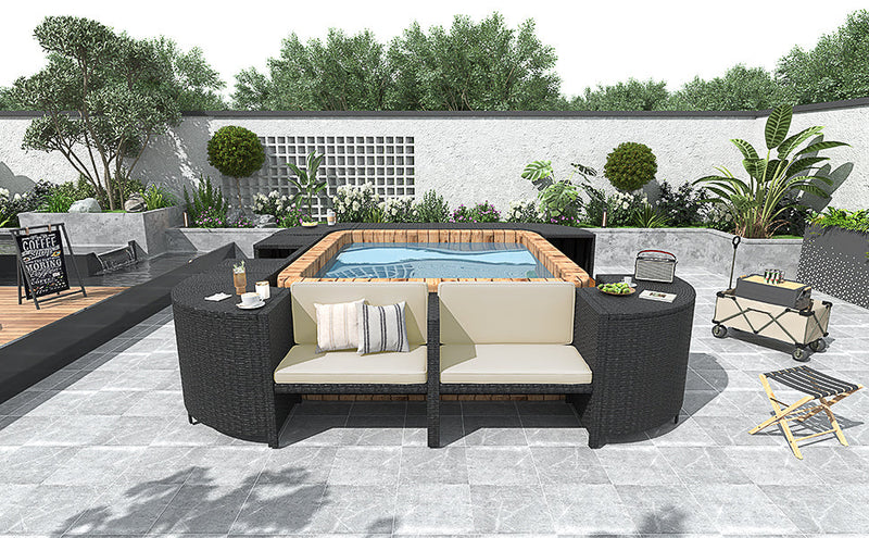 Walker Edison - Spa Surround Spa Frame Quadrilateral Outdoor Rattan Sectional Sofa Set with Mini Sofa,Wooden Seats and Storage Spaces, Beige