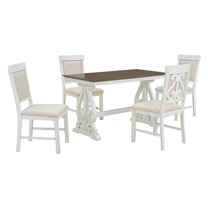5-Piece Retro Dining Set, Rectangular Wooden Dining Table and 4 Upholstered Chairs for Dining Room and Kitchen (Brown+White)
