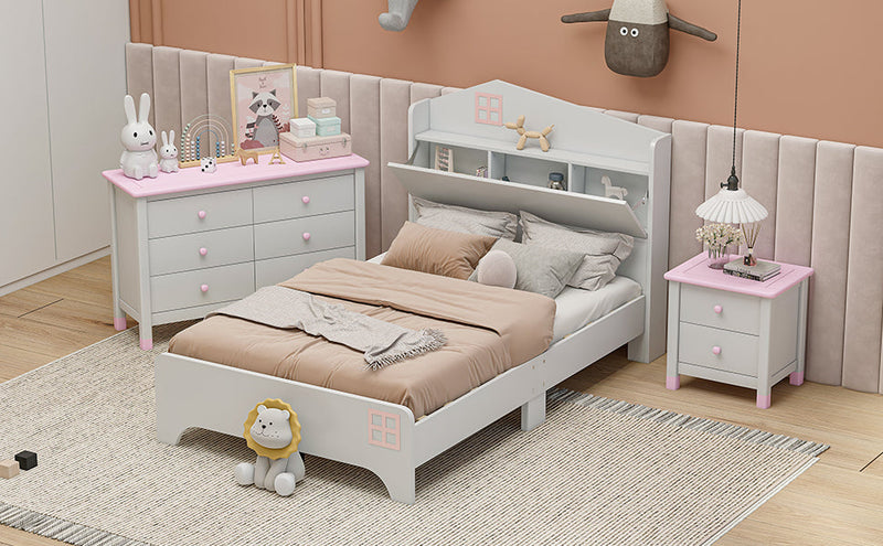 3-Pieces Bedroom Sets Twin Size House Bed with Storage Headboard, Wooden Nightstand and Storage Dresser,White