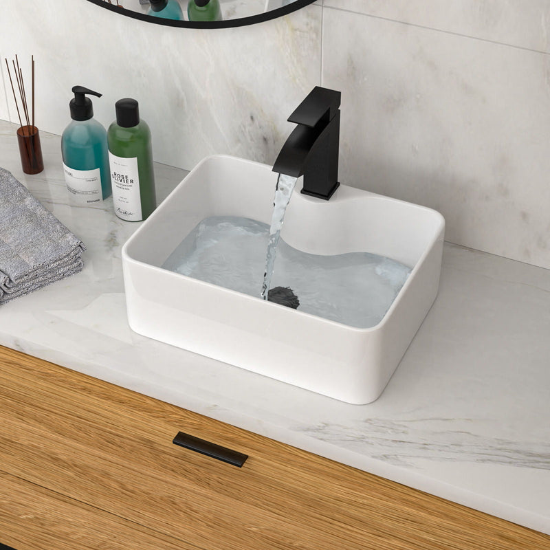 Rectangular Vessel Sink With Faucet & Drain - White / Black, photo 14 of 14