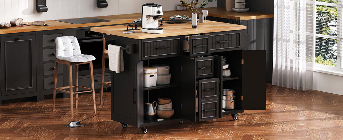 K&K 56.5'' Kitchen Island with Drop Leaf, Power Outlet, photo 2 of 10