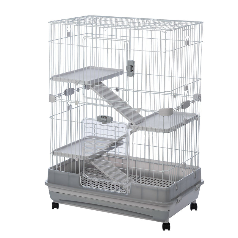 4-Tier 32" Small Animal Metal Cage Height Adjustable with Lockable Casters Grilles Pull-out Tray for Rabbit Chinchilla Ferret Bunny Guinea Pig Squirrel Hedgehog (GREY)