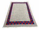 5' 7" x 7' 9" Geometric Kilim Carpet, Gray, Handmade, Hand-Knotted Area Rug, Blue & Red, Flatweave, Wool, New, Checkerboard Pattern